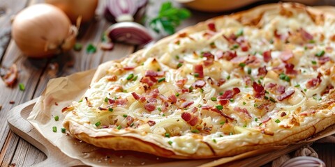 Poster - Flammkuchen from Alsace Traditional French Tarte Flambee with Cream Cheese Bacon and Onions