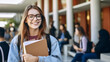 © halo - A young, smiling blonde woman wearing glasses and holding books stands in the library.