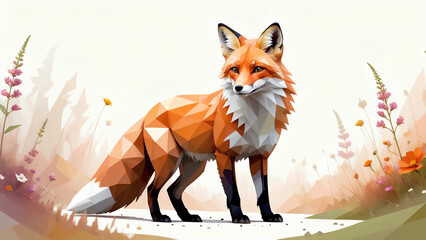 Wall Mural - A peacefully majestic fox portrayed in abstract vector artwork is depicted against an off-white background in warm colors