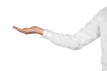 a person's hand wearing a white shirt is extended with the palm facing up against a white background