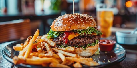 Sticker - Cheeseburger and French fries served on an eco friendly plate