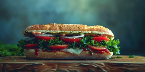 Sticker - Submarine sandwich with soft lighting accentuating the vivid colors and textures of the ingredients