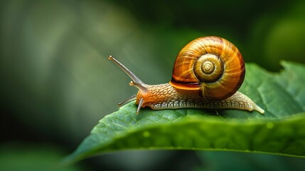 curious snail crawling on a lush green leaf in the garden