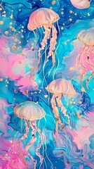 Blue and pink watercolor jellyfish pattern illustration poster background