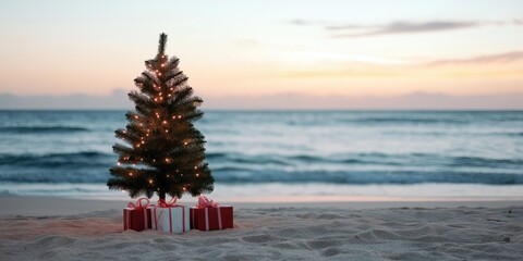 A decorated Christmas tree and presents on the beach in Australia