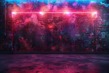 abstract technology background features an empty, aged brick wall illuminated by vibrant neon lights, creating a captivating and futuristic ambiance that seamlessly blends vintage and modern elements