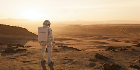 a lone astronaut wearing a mars space suit with his back to us surveys the expansive landscape of va