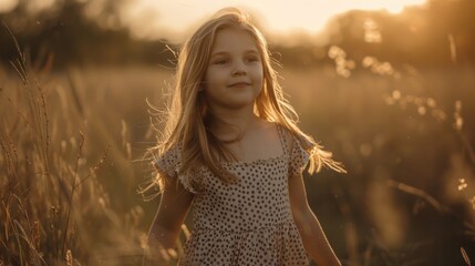 Poster - Playful girl in a dotted dress frolicking in a field with a storybook-like backdrop.