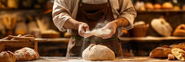 A baker's hands preparing a loaf of bread with flour at a bakery, representing the art of traditional bread-making.