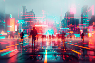 Wall Mural - A group of people are walking down a street in a city by AI generated image