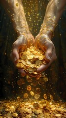 Wall Mural - Hands holding gold coins glowing poster background