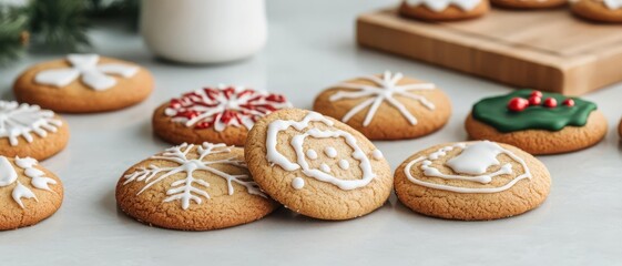 Christmas cookies, freshly baked and decorated, kitchen counter, Watercolor style