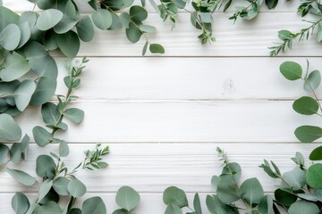 Wall Mural - Wooden background with eucalyptus leaves, botanical frame on white wood
