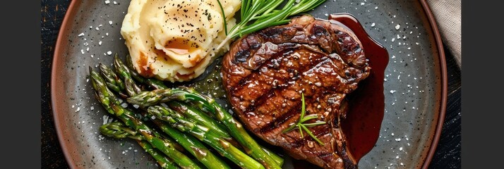 Wall Mural - Plate of steak served with mashed potatoes and asparagus