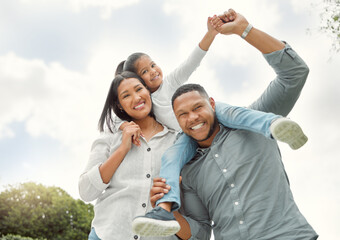 Poster - Parents, girl and happy in outdoor with shoulder ride on portrait for bonding, support and fun in Brazil. People, family and kid with smile with playing for parenthood on break, relax and chill