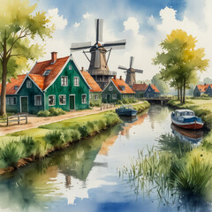 Wall Mural - Watercolor illustration of Zaanse Schans, a picturesque Dutch village known for its well-preserved windmills and traditional wooden houses.