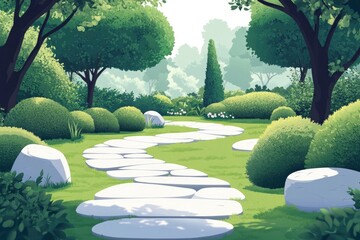 Sticker - A Winding Stone Path Through a Lush Green Garden