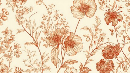 Toile de Jouy seamless pattern, naturalistic florals and foliage, soft autumn hues, detailed line art, retro textile, classic beauty