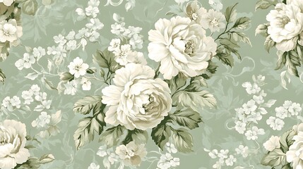 Toile de Jouy seamless pattern, floral arrangement with lace accents, soft green and beige tones, traditional style, highly detailed, retro textile