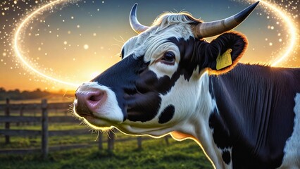 Black and white cow on a green meadow in the rays of the setting sun