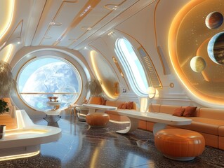 Wall Mural - A futuristic space station with a view of the Earth and the moon