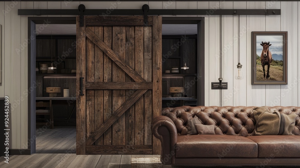 Rustic barn door with a sliding mechanism, adding a touch of farmhouse ...