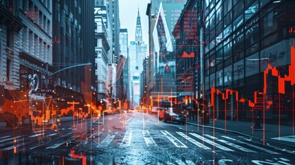 Wall Mural - Financial District Cityscape with Stock Market Data Overlay