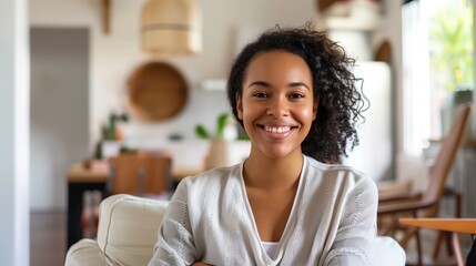 Wall Mural - A happy mixed race woman sitting on the armchair in her bright living room