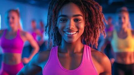 Smiling male and female students wearing sportswear participate in energetic Zumba classes at the gym, showcasing a surreal portrayal of positive lifestyles, fitness, and fun.