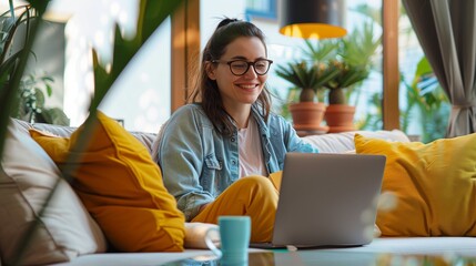 Wall Mural - A woman in casual attire sitting on the couch with her laptop, smiling and having an online meeting or video call at home