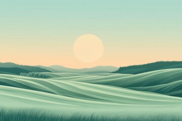 Poster - Minimalist Illustration of a Sunlit Green Landscape with Rolling Hills