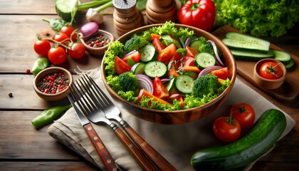 Fresh vegetable salad in a wooden bowl with tomatoes, cucumbers, and greens on a rustic table