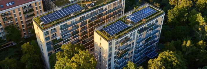 Solar Energy Panels Installed on the Rooftop of a Modern High-Rise Residential Structure