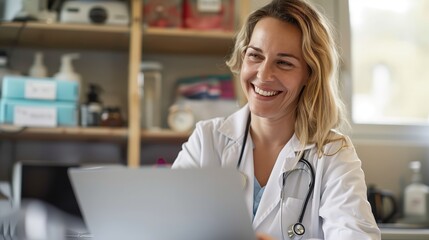 Wall Mural - Czech female doctor working on laptop in a clinic, smiling and looking at the screen while sitting behind a desk with a stethoscope