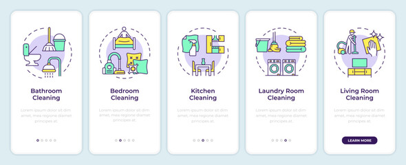 Wall Mural - House cleaning onboarding mobile app screen. Professional service. Walkthrough 5 steps editable graphic instructions with linear concepts. UI, UX, GUI template. Montserrat SemiBold, Regular fonts used