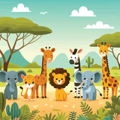 Wall Mural - Cute African Animals Stand among the Savannahs Flat vector illustration