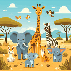 Wall Mural - Cute African Animals Stand among the Savannahs Flat vector illustration