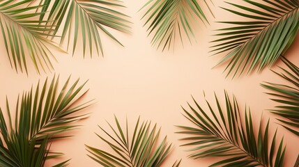 Wall Mural - Lush Green Palm Leaves Against a Soft Peach Background