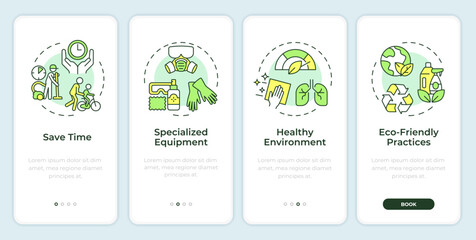 Wall Mural - benefits of cleaning service onboarding mobile app screen. walkthrough 4 steps editable graphic inst