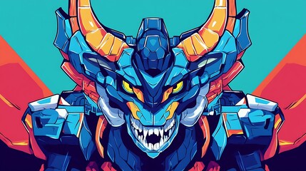 A blue dragon mecha with horns, on a simple background, in a flat illustration style, with an anime style character design