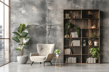 Poster - Cozy living room with chair, bookshelf and potted plants