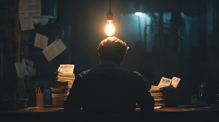 Wall Mural - A man sitting in a dark room, staring at a stack of overdue bills, with a single light bulb flickering above