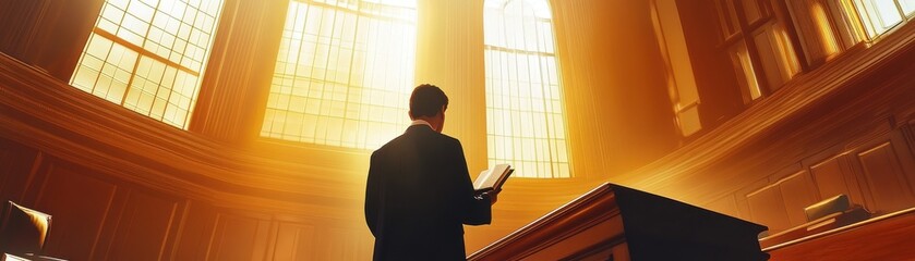 A courtroom with a judge reading a bankruptcy ruling, the debtor standing nervously in front