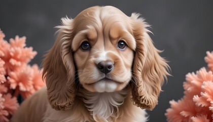 lose-up of a lovable fluffy Cocker Spaniel puppy on a soft coral background. The small dog has a friendly grin and an endearing fluffy coat