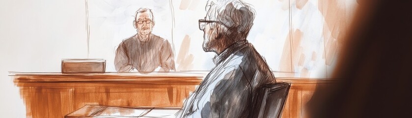 A courtroom artists sketch of a bankruptcy hearing, the debtor looking nervous and defeated