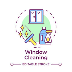 Sticker - Window cleaning multi color concept icon. Detergent bottles, squeegee. Cleanup equipment. Round shape line illustration. Abstract idea. Graphic design. Easy to use in infographic, presentation