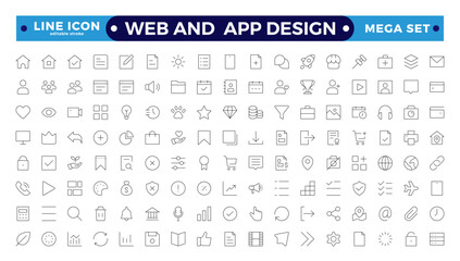 Web And App Design icon set. User interface icon set collection.Basic User Interface Essential Set. Line ui ux Outline Icons. For App, Web, Print. Editable stroke outline icon. 