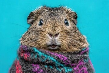 This charming guinea pig is snugly wrapped in a colorful scarf, looking curious and adorable against a vibrant backdrop