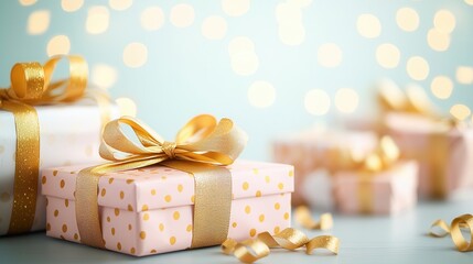 Sticker - Gift boxes with gold ribbon and polka dots on a blue background.