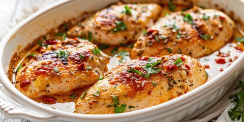 Wall Mural - Horizontal View of Chicken Breast Cutlets With Sun Dried Tomato Cream Sauce in White Baking Dish on White Table Close up Shot